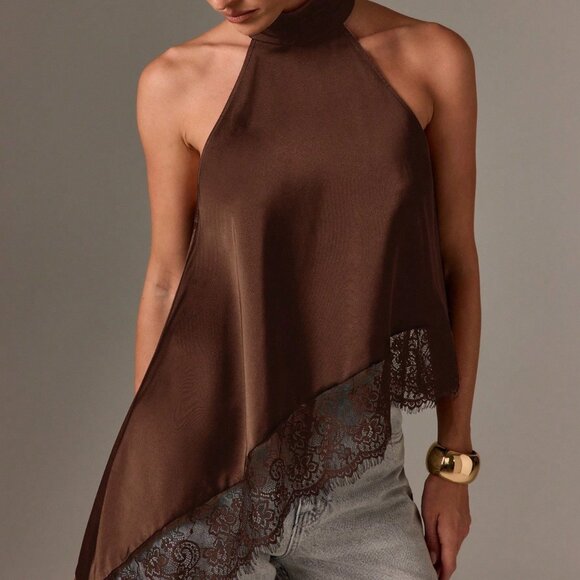 Brown elegant Women's Sleeveless High Neck Lace Trim Asymmetric Satin Top - Picture 2 of 5